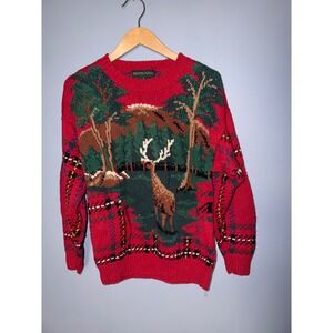 Bushwacker Vintage Red Deer Landscape Plaid Knit Sweater Mens Medium Cotton